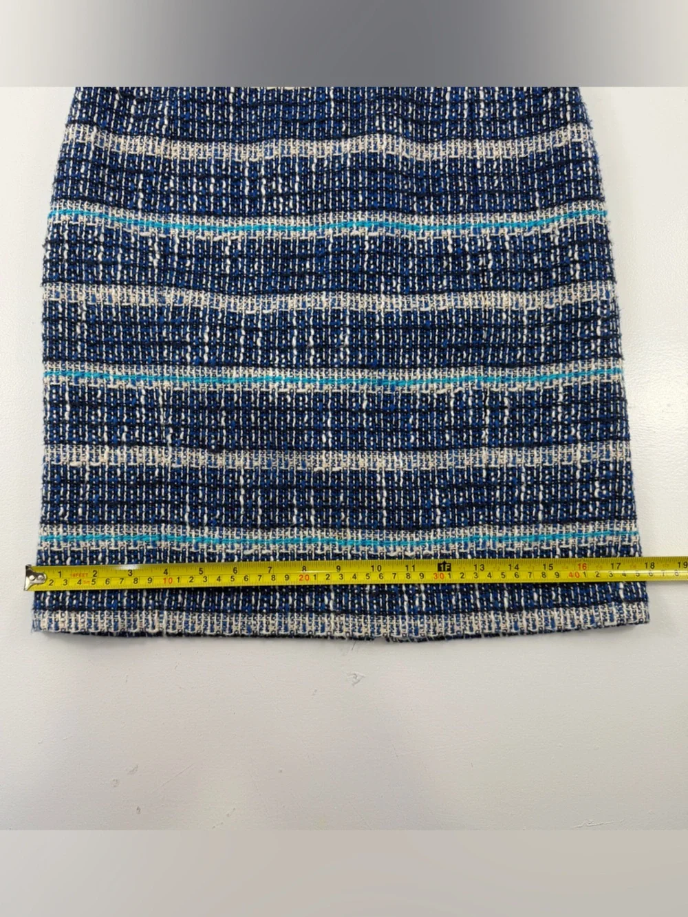 Tory Burch Navy and Cream Striped Knit Lined Pencil Skirt with Teal Accents Sz 0